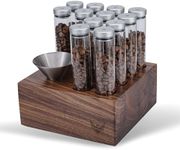 KNODOS Single Dose Coffee Bean Storage Tubes Espresso Bean Cellar 12pcs One-Way Exhaust Valve Lids Glass Dosing Vials With Walnut Stand & Stainless Steel Funnel