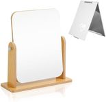 FINEASY Wooden Mirror, Vanity Mirror with a Slim Portable Folding Mirror, 360° Swivel Frame Desktop Mirror 22 X 23.5CM, Free Standing Make Up Mirror for Dressing Table Bathroom Bedroom