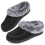 ULTRAIDEAS Women's Cozy Memory Foam Moccasin Suede Slippers with Fuzzy Plush Faux Fur Lining, Ladies' Slip on Mules Clogs House Shoes with Indoor Outdoor Anti-Skid Rubber Sole (Deep Black, Size 7-8)