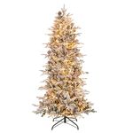 COSTWAY 6 FT Pre-lit Artificial Christmas Tree, Flocked Hinged Xmas Tree with 715 Branch Tips, 36 Natural Pine Cones and 210 Warm White Incandescent Lights, Holiday Celebration Tree