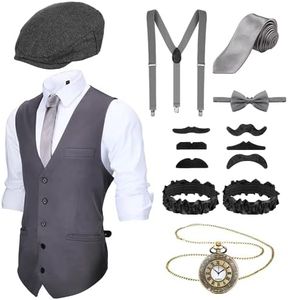 Blulu Set Accesorios Disfraz Hombre 1920 Chaleco Gángster Sombrero Vendedor Periódicos Reloj Bolsillo Corbata (Gris, M)
