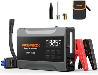 WOLFBOX 2000A Car Battery Booster Jump Starter with Air Compressor, 2500mAh Car Jump Starter for 5L Gas Engines, 12V Portable Tire Inflator with LED Display, Emergency Light, Jumper Cables