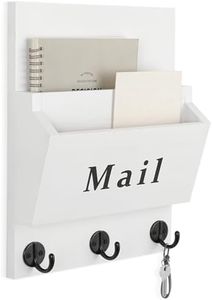 Lucundm Mail and Key Holder - Decorative 9.8" x 12.5" Wall Key Hanger with 2 Mail Organizer Slots and 3 Hooks - Real Paulownia Wood with Keyhole Brackets, Hardware and Instructions (White)