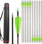 ZSHJGJR 34” Archery Carbon Arrows Hunting Arrows with 4” Turkey Feathers Targeting Practice Arrows Spine 400 for Compound & Recurve & Traditional Bow 6/12pcs (12 x Green Arrows + 1 x Arrow Quiver)