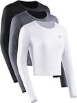 NELEUS Women's Running Workout Athletic Crop Shirts Pack of 3, Black/Grey/White, Long Sleeve, Large