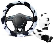 3Pcs Fluffy Cow Steering Wheel Cover Soft Furry Plush Winter Warm Vehicle Car Steering Wheel Protector Warmer with Handbrake Gear Shift Plush Cover Universal Auto Steering Wheel Cover Fit 37-39cm