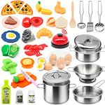 37Items 59Pcs Kids Pretend Play Kitchen Accessories Set, Stainless Steel Play Pots and Pans Sets for Kids, Cooking Utensils, Play Food Pizza Knife Kitchen Playset Toys Gift for Boys Girls Toddlers