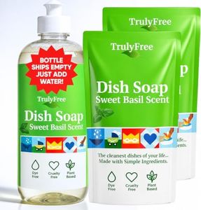 Truly Free Natural Concentrated Dish Detergent Dishwashing Liquid | Plant-Based Dish Soap | Sweet Basil Fresh Scent | 2 Refill Packs with 1 Empty Refillable Squeeze Bottle (16 Oz)