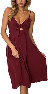 ECOWISH Women 2024 Summer Dresses Tie Front V-Neck Spaghetti Strap Button Down A-Line Backless Swing Midi Dress 572 Wine Red XL