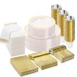 BESTVIP 350PCS Clear Gold Disposable Dinnerware Set (50 Guests), Plastic Plates for Party, Wedding, Party Supplies Include: 100 Plastic Plates, 50 Gold Silverware, 50 Cups, 50 Napkins TMQJS-350