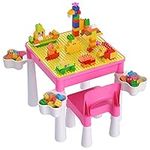 burgkidz Toddler Table and Chair Set, Plastic Kids Activity Table with Chair and 128 Piece Large Creative Bricks Building Construction Toys for Girls, Pink