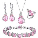 Ever Faith Women's Jewellery Sets Pink Jewellery Sparkly Cubic Zirconia Teardrop Necklace Earring Bracelet Ring Jewelry Sets for Women Birthday Gifts 4 PCS Silver-Tone