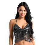 CHICTRY Women Halter Neck and Back Tie Up Bra Top with Sequins Tassel Costume Black One Size