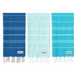 Blue Beach 3 Set Turkish Beach Towels-100x180cm Large Turkish Hammam Peshtemal Towel - Super Absorbent, Quick Dry, Lightweight, Compact for Swimming, Bath, Gym, Sauna and Travel (Blue,Turquoise,Mint)