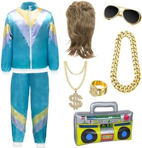 FORMIZON Costumi Anni '80 Anni '90 Uomo Donna, Disco Accessorio con Parrucca, Gonfiabile Radio, Sunglasses, Collana Dollaro & Ring, Abbigliamento Anni '80 per Carnevale, Disponibile in 3 Taglie (L)