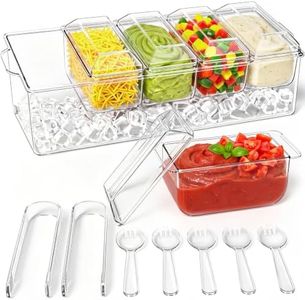 ARSTPEOE Condiment Tray, Chilled Condiment Server for Home, Party, Celebration, Bar Garnish Holder on Ice, Bar Accessories Fruit and Salad with Removable Trays and Lids (5 Spoons & 2 Tongs)