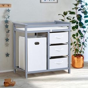 GarveeLife Wooden Baby Changing Table, Modern Diaper Changing Table, Infant Diaper Changing Station Dresser with Laundry Hamper, 3 Drawer Basket and Changing Pad