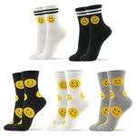 Kikiya socks Women Cute Crew | 5 Pairs Smiley Face Print Fun Designed Novelty Happy Smile Patterned Black White Gray Colored Daily Cotton Socks | Womens Ladies Girls Gift | Big Smile A