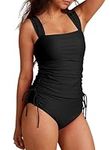 Aleumdr Womens Retro Two Piece Strappy Tankini Top Padded Push up Bathing Suit Set Bikini Bottom Swimsuits Black X-Large