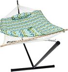 Sunnydaze Rope Hammock with 12-Foot Stand and Hammock Pad - 275-Pound Capacity - Blue and Green Chevron