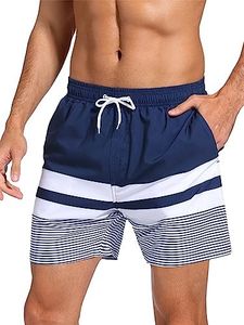 SILKWORLD Mens Swimsuit Trunks with Mesh Lining Summer Swimming Shorts Hawaiian Bathing Suit Quick Dry Swimwear, Navy White Stripe,Large