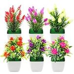 JINXIAN 6 pcs Artificial Plants Artificial Flowers in Pots 7.08 Inches Tall Artificial Mini Potted Flowers Fake Plants for Home Office Area Restaurant Outdoor Indoor Deco