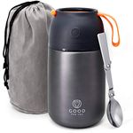 Insulated Food Flask - 730ml Stainless Steel Jar for Hot and Cold Meals – Double-Wall Insulation, Thermal Food Container for School, Office, Travel, Camping - Foldable Spoon, Bag - Grey - 24.7 oz