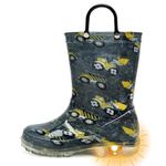 OUTEE Boys Rain Boots Little Kids Child Light Up Waterproof Rubber Shoes Printed Mud Lightweight Adorable with Easy-On Handles Non Slip Sole LED Crane Excavator black Size 2