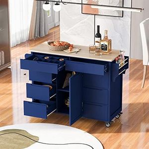 Olela Kitchen Island Cart on Wheels,Rolling Mobile Kitchen Table with Storage Cabinets and Towel Rack, Adjustable Shelves and Rubber Wood Countertop (Blue-Handleless Cabinets)