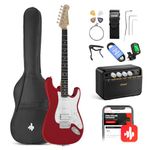 Donner 39 Inch Electric Guitar Beginner Kit Red Full-Size Starter Package HSS Pick Up with All Accessories Amp Online Lesson Bag Tuner Capo Strap String Amp Cable Picks DST-100R