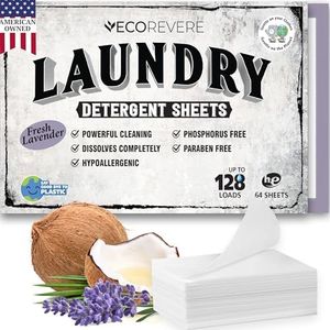 Lavender Laundry Detergent Sheets - Eco Friendly Hypoallergenic for Sensitive Skin, Natural Plant Based Washer Sheets, Travel Laundry Detergent, Chemical Free, Lavender Scent (64cnt/128 Small Loads)