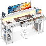 ODK Computer Desk with Fabric Drawers and Power Outlet, 63 Inch White Office Desk with Storage Shelves, Writing Desk with LED Lights and Monitor Stand, Work Study Desk for Home Office