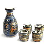 Sake Set Japanese Sake Cup Set Traditional Hand Painted Design Porcelain Pottery Ceramic Cups Crafts Wine Glasses 5 Piece (Blue Rich)