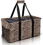 Lucazzi Extra Large Utility Tote Bag - Oversized Collapsible Reusable Wire Frame Rectangular Canvas Basket With Two Exterior Pockets For Beach, Pool, Laundry, Car Trunk, Storage - Leopard