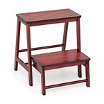 COSTWAY 2 Tier Step Stool, Bamboo Folding Stepladder Foot Stools for Kids and Adults, Multifunctional Household Ladder Display Rack Shoe Bench Up to 100kg (Red)