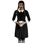 Spadehill Women Halloween Velvet Pleated A-Line Wednsday Dress Costume Flare Long Sleeve Adams Mini Dress Black L