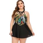 Plus Size Swimwear Printed Black Crossover Swimsuit Bikini Set - 4XL