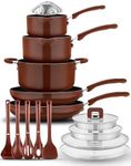 NutriChef Space Saver 17-Piece Nonstick Cookware Set - Brown Pots and Pans with Stackable Design, Foldable Handles, Induction Ready