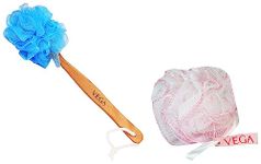 VEGA Wooden Handle Bath Brush (Color May Vary) and Everyday Sponge For Softening