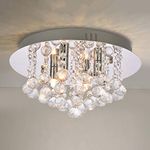 A1A9 Modern Flush Mount Crystal Chandelier, K9 Crystal Droplet Round Chrome Ceiling Lights, Elegant LED Pendant Lamp Fixture for Living Room, Dining Room, Bedroom, Lounge D35cm (4 Lights)