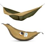 Ticket to the Moon Fair Trade & Handmade 1-2 Person Kingsize-Lightweight-Hammock ARMY GREEN/BROWN for Travelling, Camping and Everyday Use, XXL 3.2 * 2.3m, 700g, Parachute-Silk, Set-Up < 1 min.