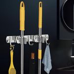 CANWAY® 1 Piece Stainless Steel 2 Racks with 3 Hook Heavy Duty Wall Mounted Broom and Mop Stick Holder, Hanging Tools for Home Kitchen Garden Laundry Garage