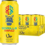 Gorilla Mind Energy Drink | Unmatched Energy · Amplified Focus | N-Acetyl-L-Tyrosine, Alpha-GPC, 200mg Caffeine, Uridine, Saffron | 0 Sugar Or Artificial Colors | 16oz, 12-Pack (Lucky Lemon)