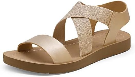 DREAM PAIRS Womens Open Toe Elastic Ankle Strap Flat Summer Sandal, Gold-2-7.5 (Elena-2)