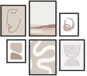 HAUS AND HUES with Beige Frame Boho Art Wall Decor - Set of 6 Neutral Mid Century Modern Wall Art, Minimalist Wall Art, Neutral Wall Decor, Beige Boho Posters Aesthetic Gallery Wall (with Black Frame)