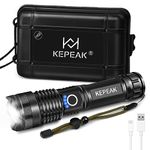 KEPEAK Rechargeable LED Flashlight High Lumens, Super Bright 10000 Lumens Tactical Handheld Flash Light, Water-Resistant, Zoomable, 5 Light Modes for Emergency, Camping