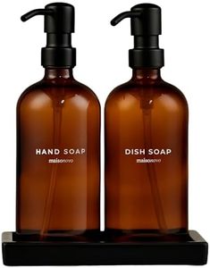Maisonovo Kitchen Soap Dispenser Set - Hand and Dish Soap Dispenser Set with Amber Glass Soap Dispenser, Black Pumps & Ceramic Tray