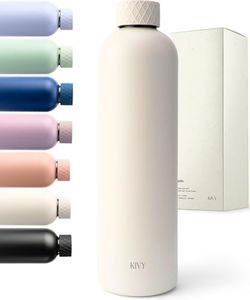 KIVY Stainless Steel Insulated Water Bottle 32oz | Leak Proof BPA-Free Metal Water Bottle - Stainless steel water bottle stainless steel - Slim water bottle no straw - White water bottle screw top