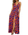 Newshows Women's Summer 2024 Dress V Neck Spaghetti Strap Sleeveless Casual Tropical Hawaiian Luau Party Split Long Maxi Dress Trendy (Floral 49, Medium)