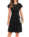 Owin Wedding Guest Dresses for Women 2024 Ruffle Short Sleeve Flared Swing A-Line Midi Cocktail Dress Black L